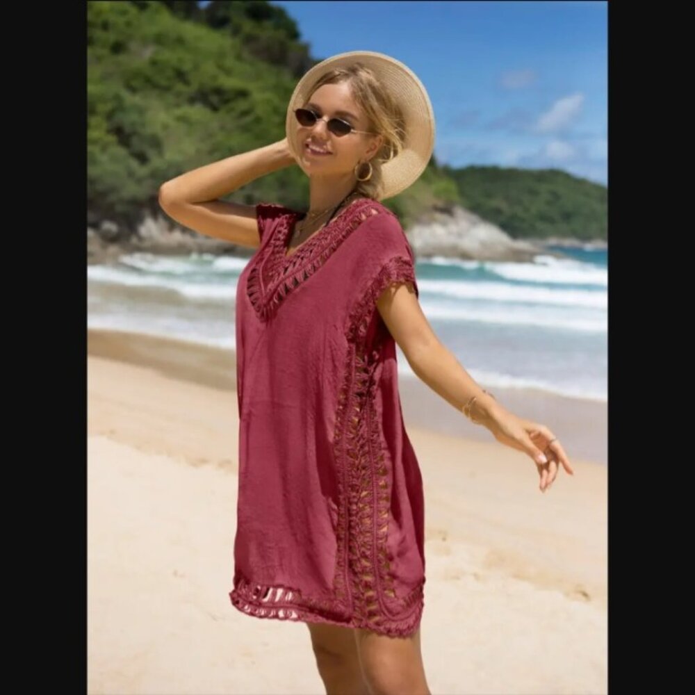 Burgundy crochet trim top coverup swim beach one size NEW